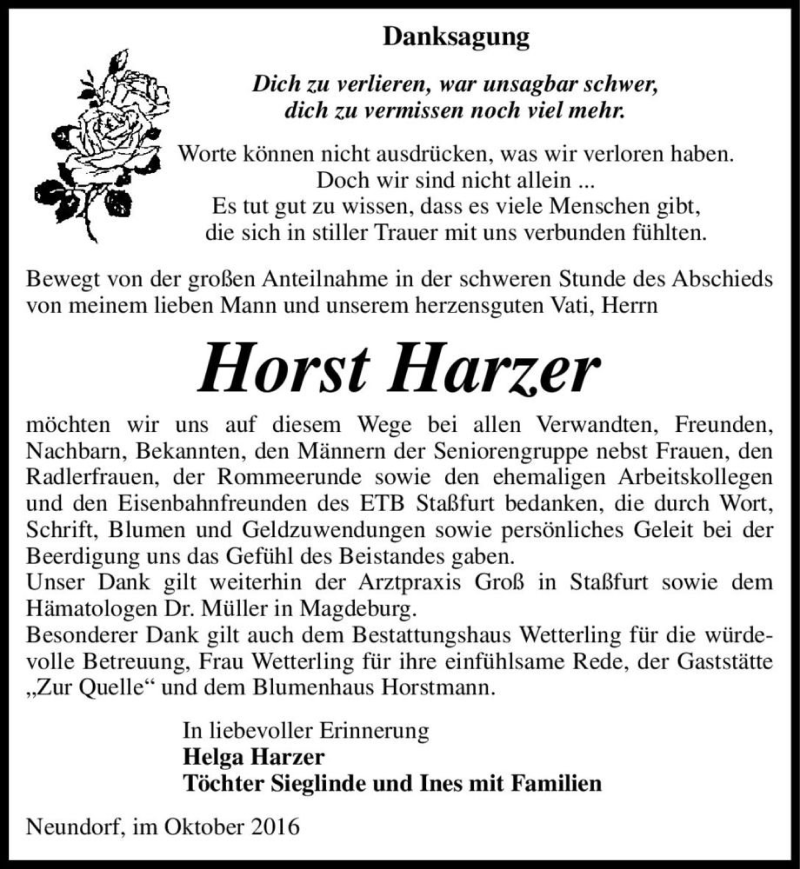  Traueranzeige für Horst Harzer  vom 05.11.2016 aus Magdeburger Volksstimme