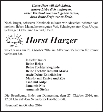 Traueranzeige von Horst Harzer  von Magdeburger Volksstimme
