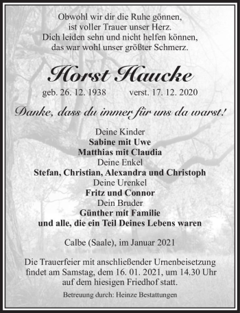 Traueranzeige von Horst Haucke  von Magdeburger Volksstimme