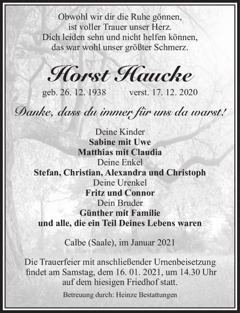  Traueranzeige für Horst Haucke  vom 02.01.2021 aus Magdeburger Volksstimme