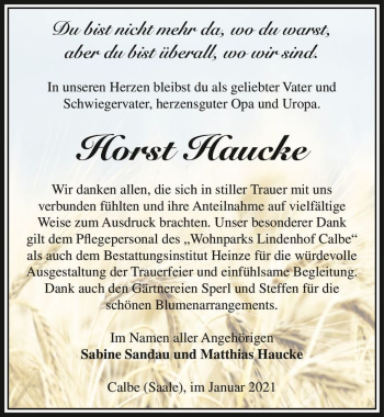 Traueranzeige von Horst Haucke  von Magdeburger Volksstimme