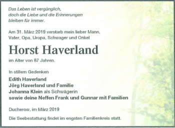 Traueranzeige von Horst Haverland  von Magdeburger Volksstimme