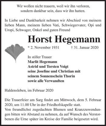 Traueranzeige von Horst Hegemann  von Magdeburger Volksstimme