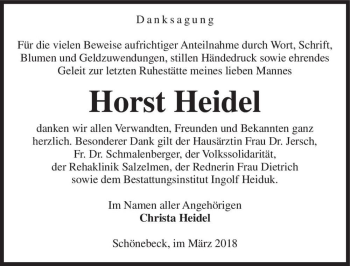 Traueranzeige von Horst Heidel  von Magdeburger Volksstimme