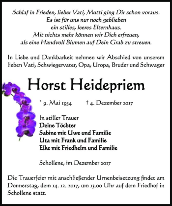 Traueranzeige von Horst Heidepriem  von Magdeburger Volksstimme