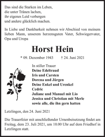 Traueranzeige von Horst Hein  von Magdeburger Volksstimme