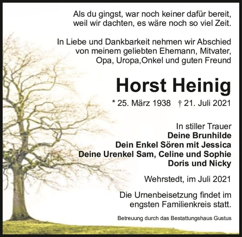  Traueranzeige für Horst Heinig  vom 24.07.2021 aus Magdeburger Volksstimme