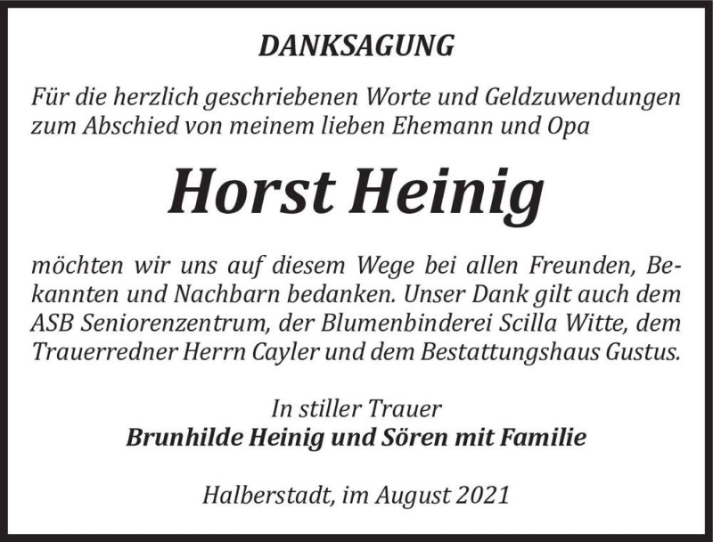  Traueranzeige für Horst Heinig  vom 14.08.2021 aus Magdeburger Volksstimme
