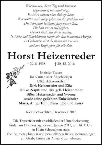 Traueranzeige von Horst Heizenreder  von Magdeburger Volksstimme