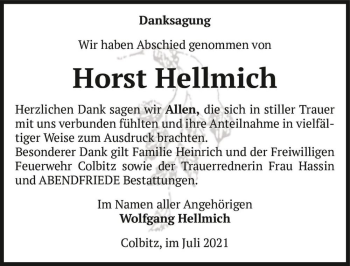 Traueranzeige von Horst Hellmich  von Magdeburger Volksstimme