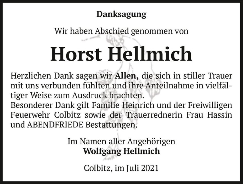  Traueranzeige für Horst Hellmich  vom 10.07.2021 aus Magdeburger Volksstimme