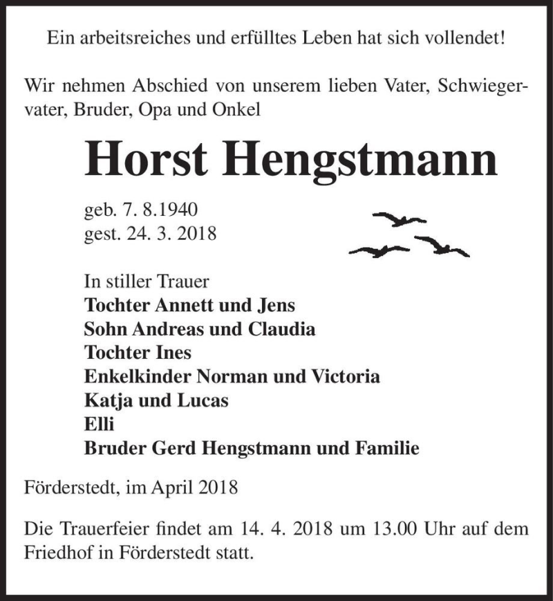  Traueranzeige für Horst Hengstmann  vom 07.04.2018 aus Magdeburger Volksstimme