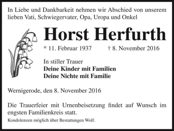 Traueranzeige von Horst Herfurth  von Magdeburger Volksstimme
