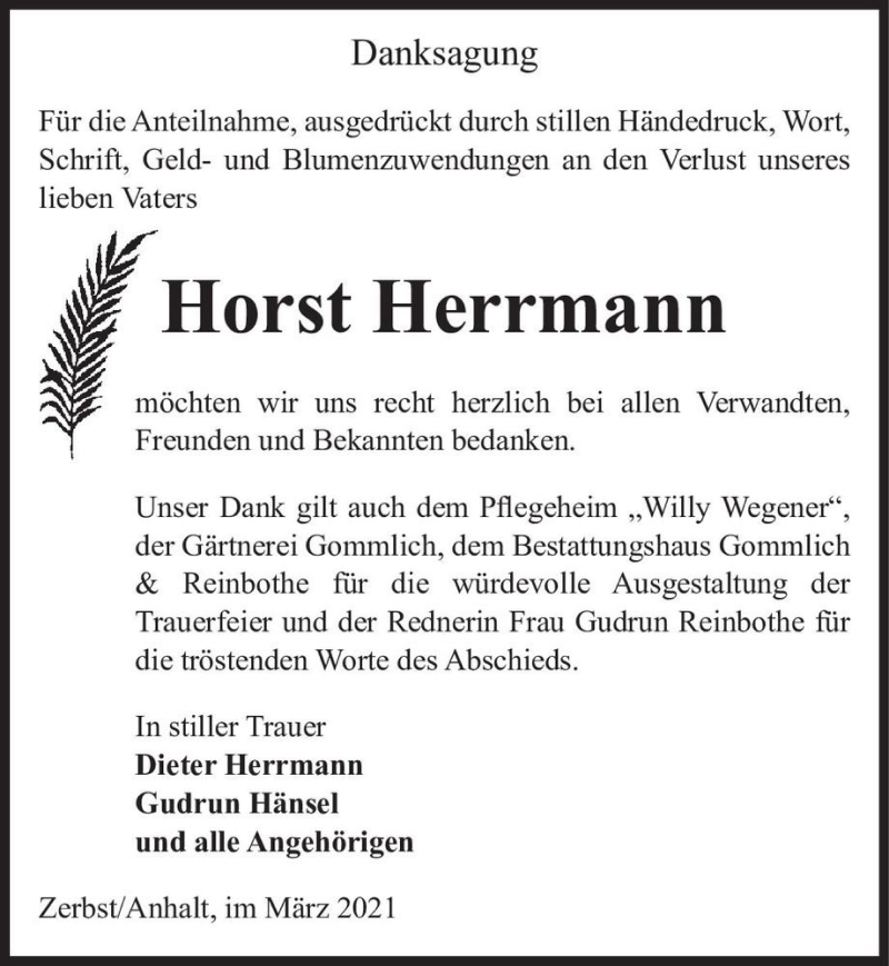  Traueranzeige für Horst Hermann  vom 10.04.2021 aus Magdeburger Volksstimme