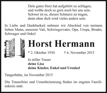 Traueranzeige von Horst Hermann  von Magdeburger Volksstimme