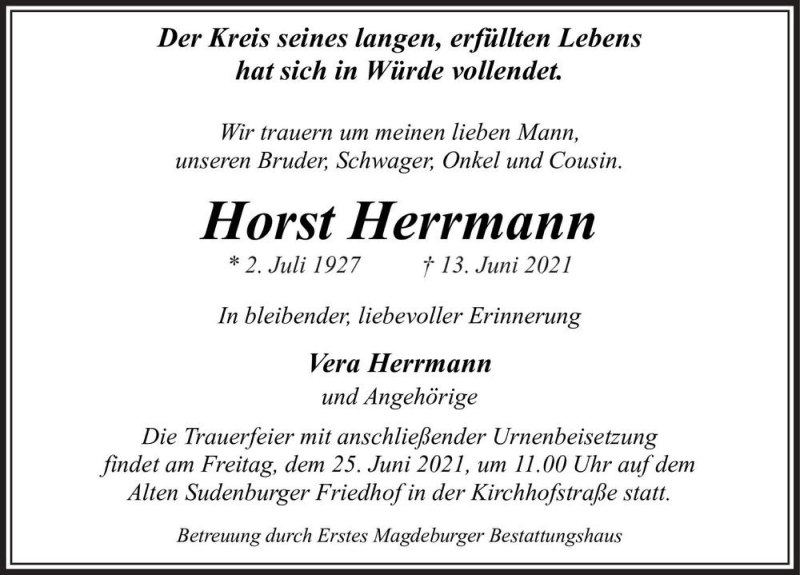  Traueranzeige für Horst Herrmann  vom 22.06.2021 aus Magdeburger Volksstimme