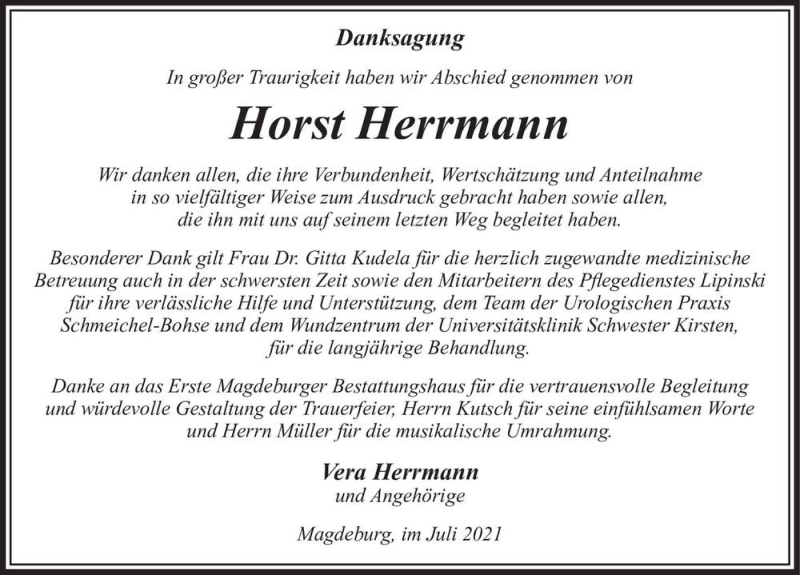  Traueranzeige für Horst Herrmann  vom 03.07.2021 aus Magdeburger Volksstimme
