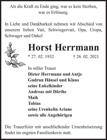 Traueranzeige von Horst Herrmann  von Magdeburger Volksstimme
