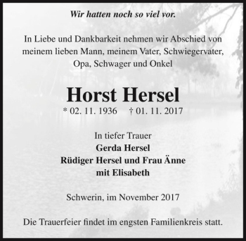 Traueranzeige von Horst Hersel  von Magdeburger Volksstimme