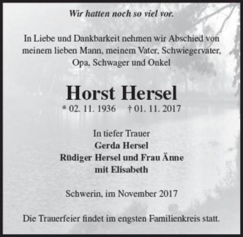 Traueranzeige von Horst Hersel  von Magdeburger Volksstimme