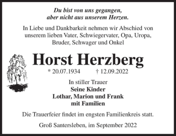 Traueranzeige von Horst Herzberg  von Magdeburger Volksstimme