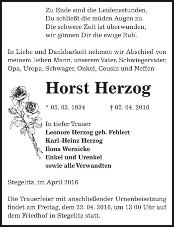 Traueranzeige von Horst Herzog  von Magdeburger Volksstimme