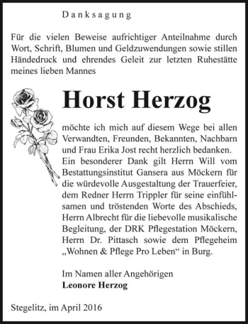 Traueranzeige von Horst Herzog  von Magdeburger Volksstimme