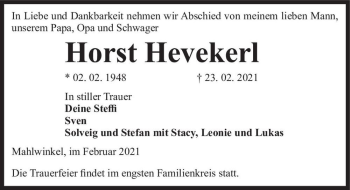 Traueranzeige von Horst Hevekerl  von Magdeburger Volksstimme