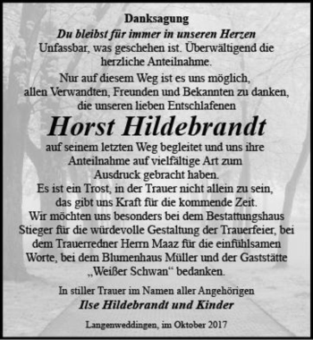 Traueranzeige von Horst Hildebrandt  von Magdeburger Volksstimme