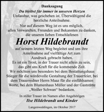 Traueranzeige von Horst Hildebrandt  von Magdeburger Volksstimme