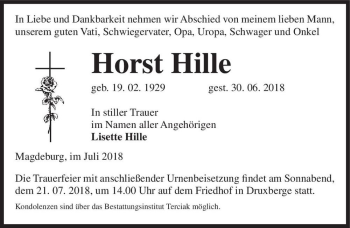 Traueranzeige von Horst Hille  von Magdeburger Volksstimme