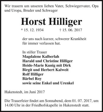 Traueranzeige von Horst Hilliger  von Magdeburger Volksstimme