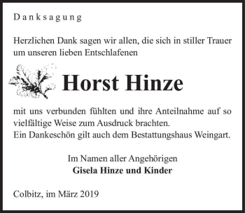 Traueranzeige von Horst Hinze  von Magdeburger Volksstimme