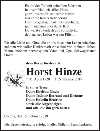 Traueranzeige von Horst Hinze  von Magdeburger Volksstimme
