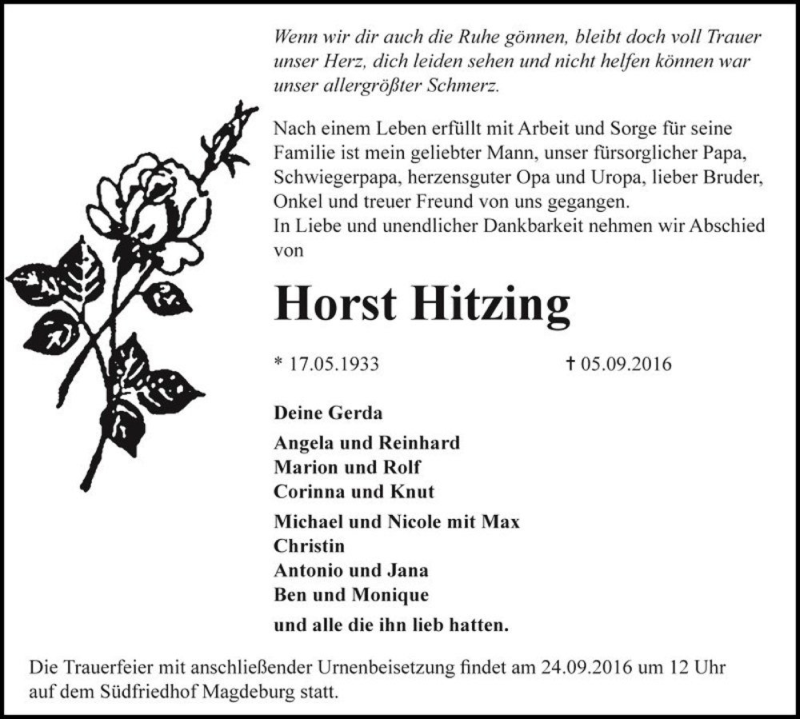  Traueranzeige für Horst Hitzing  vom 10.09.2016 aus Magdeburger Volksstimme