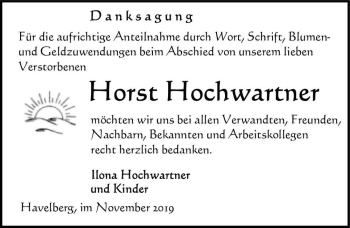 Traueranzeige von Horst Hochwartner  von Magdeburger Volksstimme