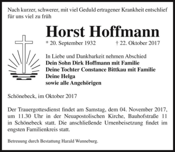 Traueranzeige von Horst Hoffmann  von Magdeburger Volksstimme