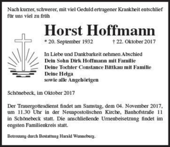 Traueranzeige von Horst Hoffmann  von Magdeburger Volksstimme