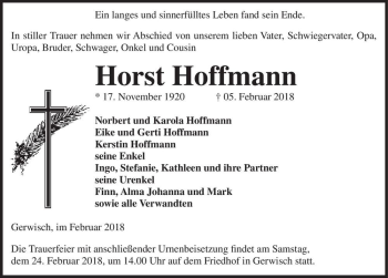 Traueranzeige von Horst Hoffmann  von Magdeburger Volksstimme
