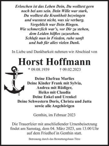 Traueranzeige von Horst Hoffmann  von Magdeburger Volksstimme