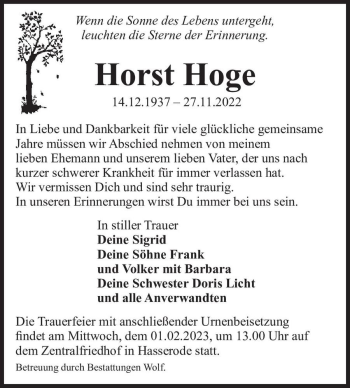 Traueranzeige von Horst Hoge  von Magdeburger Volksstimme