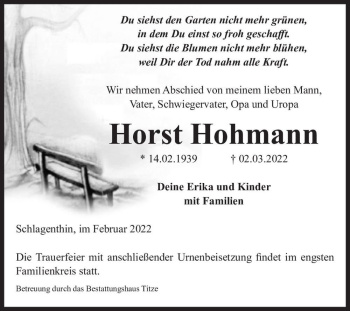 Traueranzeige von Horst Hohmann  von Magdeburger Volksstimme