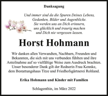 Traueranzeige von Horst Hohmann  von Magdeburger Volksstimme