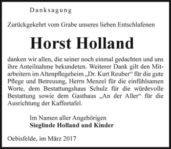 Traueranzeige von Horst Holland  von Magdeburger Volksstimme
