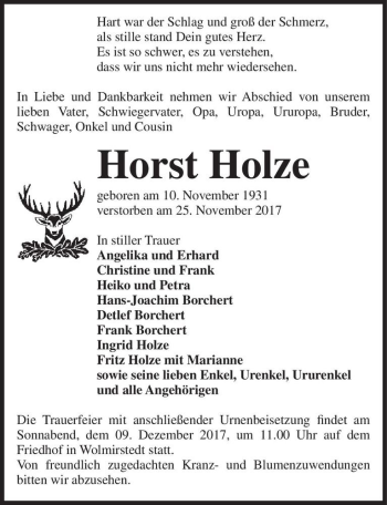 Traueranzeige von Horst Holze  von Magdeburger Volksstimme