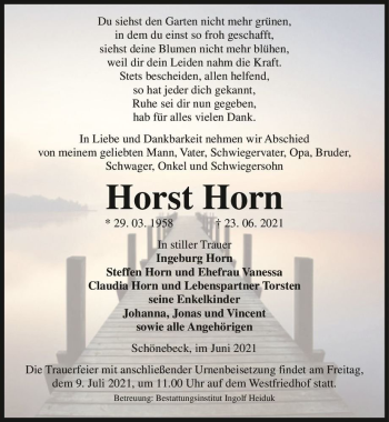 Traueranzeige von Horst Horn  von Magdeburger Volksstimme