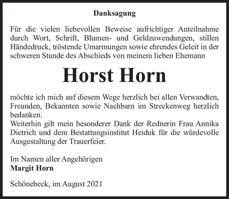  Traueranzeige für Horst Horn  vom 21.08.2021 aus Magdeburger Volksstimme