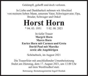 Traueranzeige von Horst Horn  von Magdeburger Volksstimme