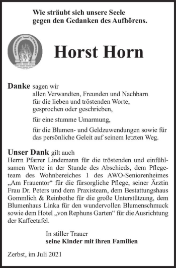 Traueranzeige von Horst Horn  von Magdeburger Volksstimme
