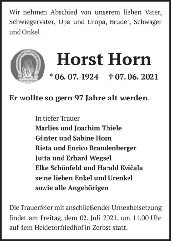 Traueranzeige von Horst Horn  von Magdeburger Volksstimme